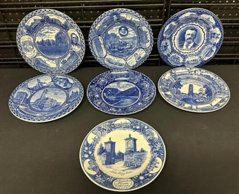(7) old blue & white Historical souvenir plates including ( OLD CITY GATE ST. AUGUSTINE, SOUVENIR OF
