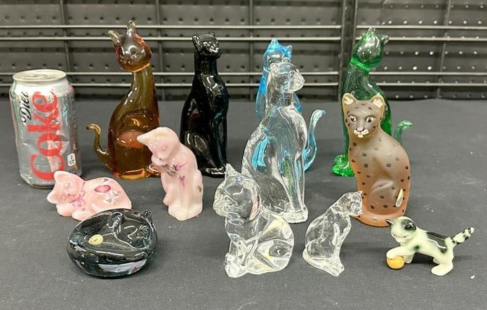 (12) CAT figurines including (11) glass and (1) small GOEBEL porcelain one & (1) MURANO….all in: (12) CAT figurines including (11) glass and (1) small GOEBEL porcelain one & (1) MURANO….all in very nice estate condition, includes a few FENTON…..from estate collection in the Hudson valley….t