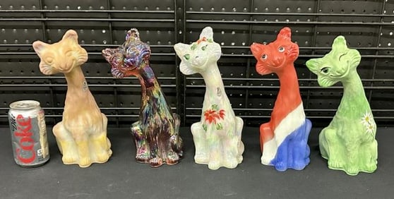 (5) FENTON 11" high glass CAT figurines, from Hudson Valley estate collection of CATS, all in very
