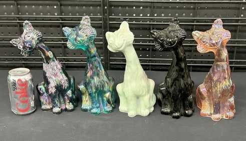 (5) FENTON 11" high glass CAT figurines, from Hudson Valley estate collection of CATS, all in very