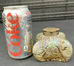 Art glass inkwell, unsigned, glass insert is intact, measures 3.5" x 3.5" x 3" high. Nice estate