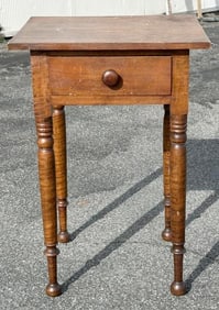 19th c cherry & tiger maple one drawer stand from Hudson Valley estate, structurally sound, older
