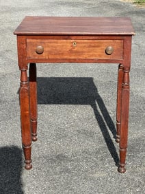 19th c cherry one drawer stand with New York leg, has split board on top, and old finish, measures
