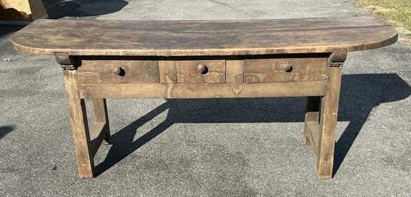 Wonderful oak (3) drawer work table with thick top and legs, nice old patina, from Hudson Valley