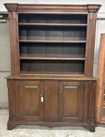 Fabulous early 19th c or late 18th c (2) part country pine cupboard with open shelves on top, (2)