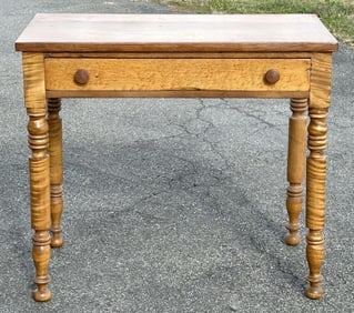 19th c wonderful (1) drawer cherry, tiger & birdseye maple work table, structurally sound, and great