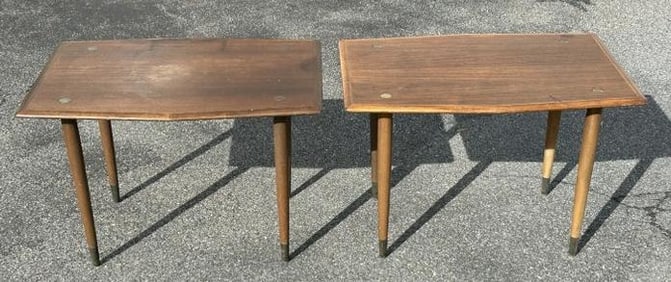 Pair DUX ( Made in Sweden ) Mid Century Modern end tables, with brass caps on top, both structurally