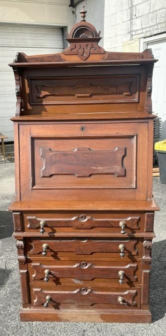 Victorian walnut drop front desk with intact interior, nice old original finish, structurally sound, (1 of 2)