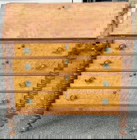 Wonderful 19th c birdseye maple drop front desk with full interior and nice decorative columns on