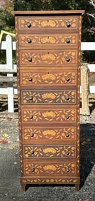 Wonderful Dutch Marquetry (9) drawer lingerie chest, from Woodstock, N.Y. estate, structurally