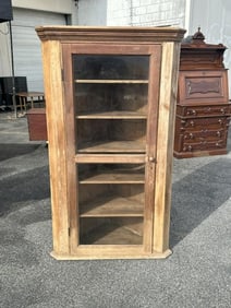 19th c pine corner cabinet, great for displaying, has weathered patina, structurally sound, measures