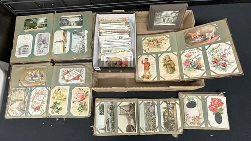 Estate fresh early POSTCARD lot to include albums ( albums are falling apart, cards intact ), and