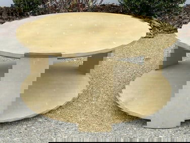 Fabulous goat skin coffee table with brass trim on top of table legs, from local estate in Hudson