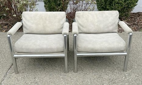 Pair wonderful chrome armchairs with micro fiber upholstery ( some minor light stains in a few spots