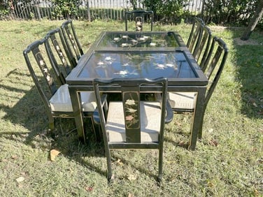 Black lacquered ASIAN dining room table & (8) chairs including (2) armchairs, table has (1) leaf.