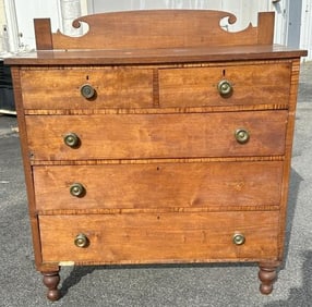 19th c cherry chest of drawers with backsplash, structurally sound, older refinish, a few blemishes