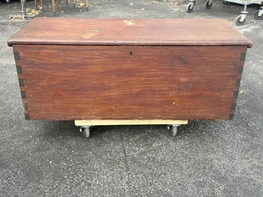 19th c pine dovetailed blanket box with older finish, structurally sound, till intact inside,