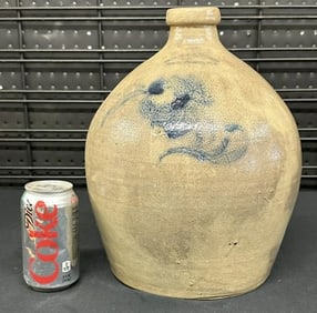 LEHMAN & RIEDINGER / POUGHKEEPSIE, NY Stoneware Jug with decorated flower on front, from Hudson