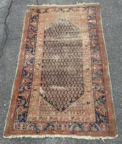 Older worn handmade oriental rug, from local estate, measures 84" x 50", just as we found it.