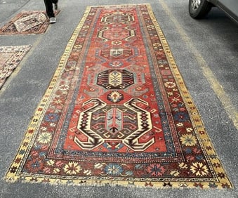 Wonderful older handmade oriental rug, with some wear to pile, small hole, and great pattern. From