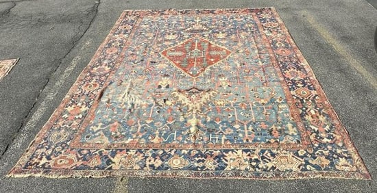 Large worn handmade oriental rug, from Hudson Valley estate, wear to piles, some small tears, was