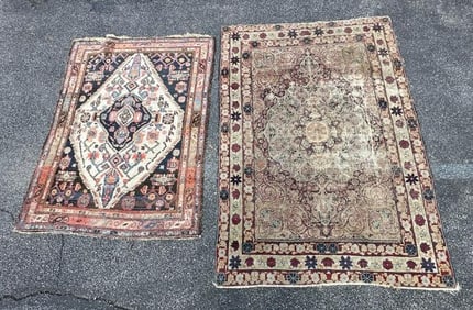 (2) worn handmade wool oriental scatter rugs from local estate, they measure 57.5" x 43" and 72" x