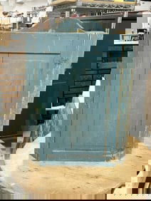 Older blue hanging corner cabinet, from estate in the Hudson Valley, was used in the kitchen uptil