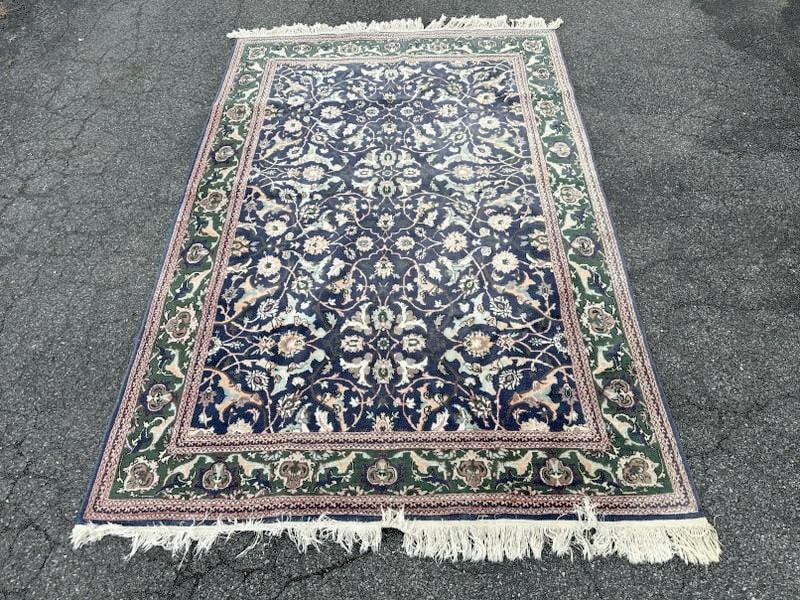 Handmade wool oriental rug, good estate condition, measures 94.5" x 64.5". From nice non smoking: Handmade wool oriental rug, good estate condition, measures 94.5" x 64.5". From nice non smoking estate in the Hudson Valley, all rugs were taken care of, and it shows.