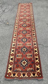 Wonderful long handmade wool oriental runner, vibrant color, excellent clean condition, from mansion