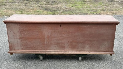 Nice large 19th c painted red blanket box, till intact, from estate in Woodstock, N.Y. area,
