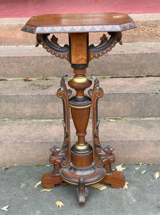 Wonderful Victorian high end pedestal, from Victorian mansion in Kingston, New York. ( has a stain: Wonderful Victorian high end pedestal, from Victorian mansion in Kingston, New York. ( has a stain on top ), structurally sound, nice original finish. Great detail…..measures 36.75" high x 20" wide 