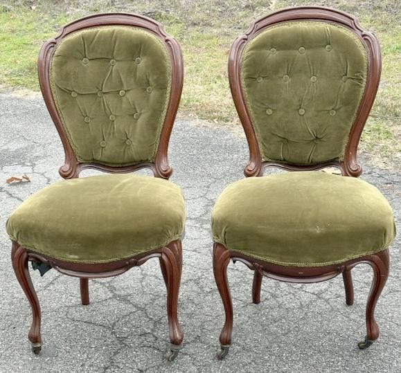 Pair wonderful delicate form Victorian side chairs, with cabriole leg & tufted backs…..from fine (1 of 3)