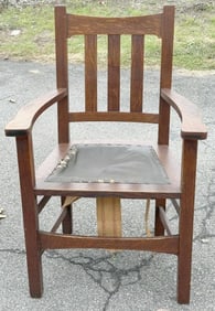Mission oak armchair from local Hudson Valley home, webbing under the seat is giving way, just as we