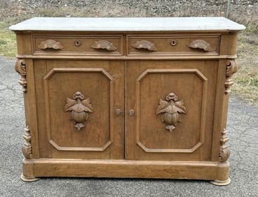 Victorian walnut marble top sideboard, with carved pulls, from local Hudson Valley estate. Nice