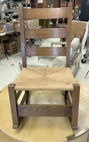 Gustav Stickley signed original finish nursing or sewing rocker, from local home, replaced rush