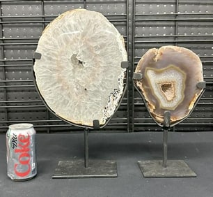 (2) Natural agate slices on custom iron stands, from local estate, nice overall condition, they