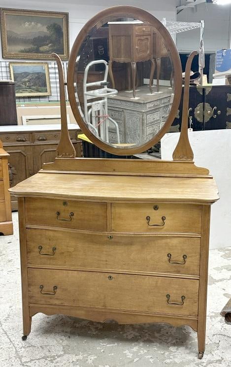 Nice circa 1910 maple dreseer with oval beveled mirror, from nice estate, clean, structurally sound, (1 of 1)