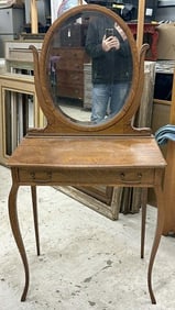 Circa 1910 quarter sewn oak ladies diminutive vanity with oval beveled mirror, nice condition, from