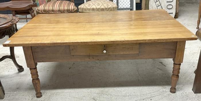 Cherry one drawer coffee table cut down from a work table, ( top needs to be attached, it's loose ), (1 of 3)