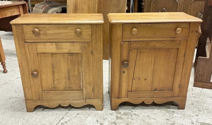 Pair of pine washstands, from local estate, older refinish ( one door has crack as you can see ),: Pair of pine washstands, from local estate, older refinish ( one door has crack as you can see ), structurally sound, they measure 25" wide x 14.5" deep x 28.5" high.