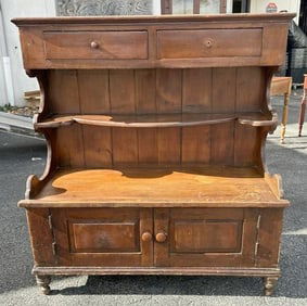 Unusual form 19th c country cupboard, from estate in the Hudson Valley, ( missing one knob off a