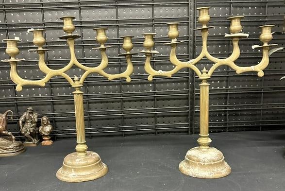 Pair of brass candelabras from local estate, with wax drippings on bases, good condition, weighted (1 of 2)
