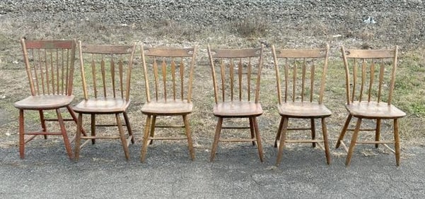 (6) 19th c plank seat chairs ( 5 ) match, were used in old time Antique Dealers country home in the