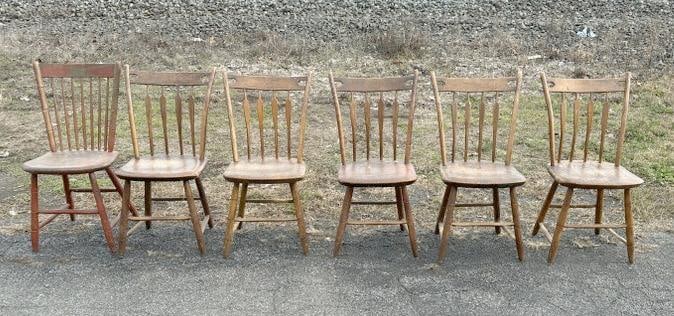 (6) 19th c plank seat chairs ( 5 ) match, were used in old time Antique Dealers country home in the: (6) 19th c plank seat chairs ( 5 ) match, were used in old time Antique Dealers country home in the Hudson Valley, structurally sound….