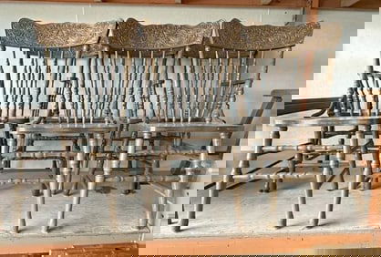 (6) contemporary oak pressed back chairss including (2) armchairs. From local estate, nice finish