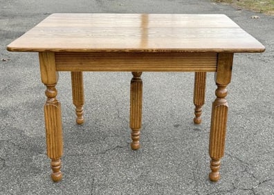 Circa 1900 square oak dining table with (3) leaves, nice older refinish, structurally