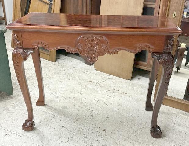 Contemporary mahogany claw foot console table, from nice clean local estate, structurally sound, (1 of 2)