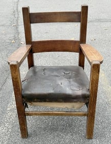 Mission oak armchair, possibly Joseph Mchugh, as found estate condition, with wear to finish….rips