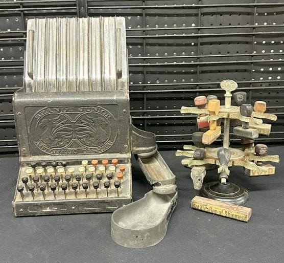 BRANDT JUNIOR AUTOMATIC CASHIER with rubber stamps & tree holder. As found estate (1 of 7)