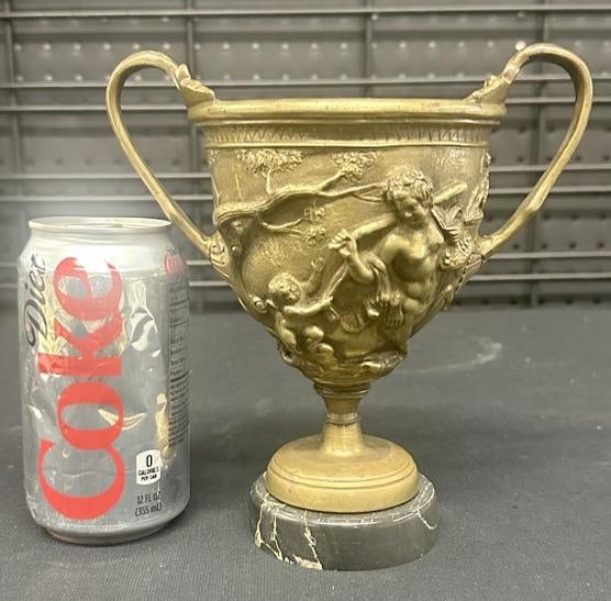 19th c bronze kantharos cup or tazza on marble base with scenes all the way around, from local: 19th c bronze kantharos cup or tazza on marble base with scenes all the way around, from local estate, measures 7.5" high, nice estate condition.